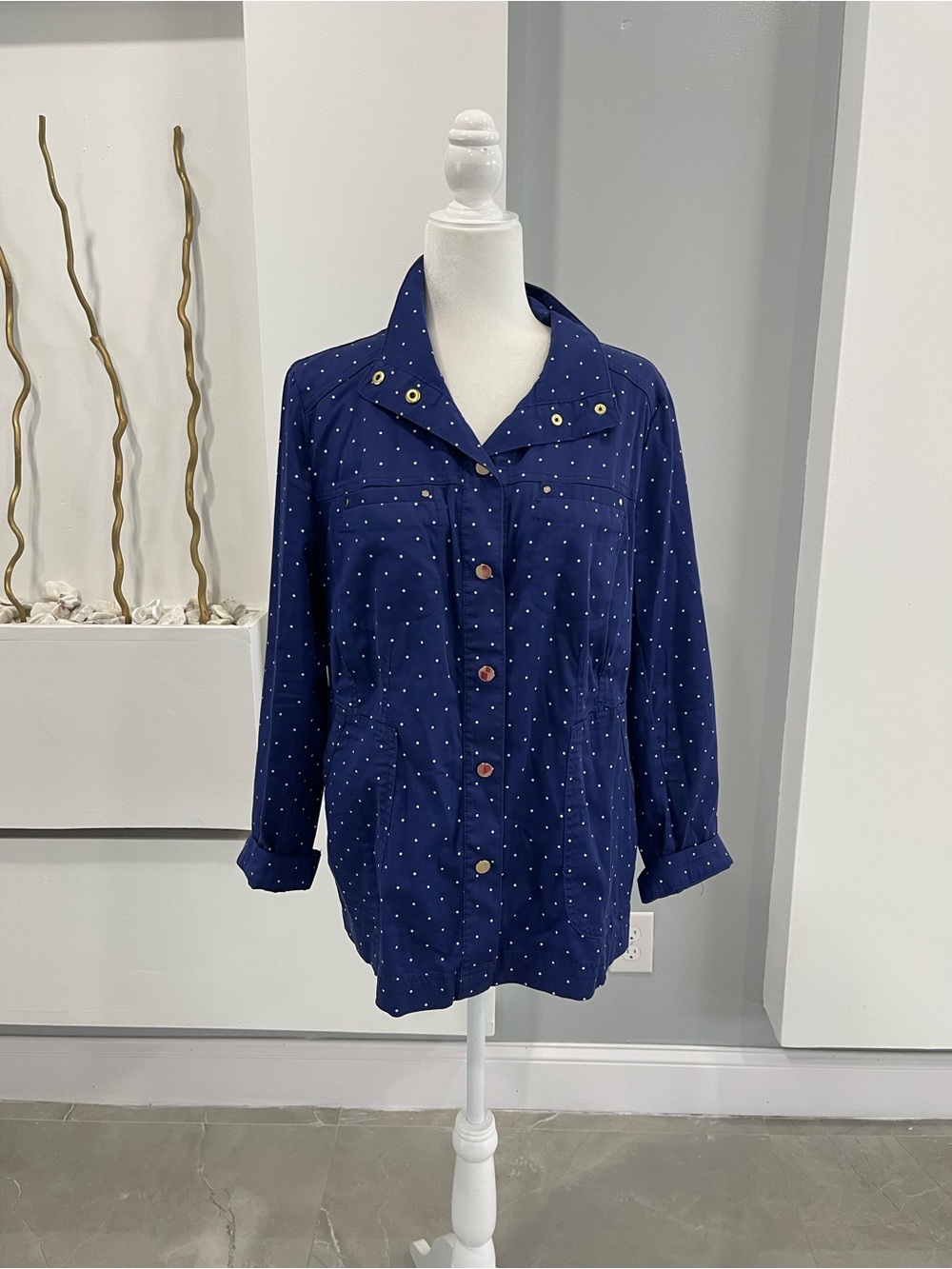 Versatile Navy Polka Dot Button-Front Women's Jacket